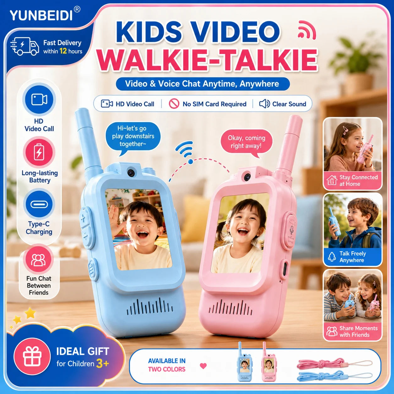 Walkie Talkies con Video para Niños – Pack 2 Unidades, Alcance 500m, Carga USB-C