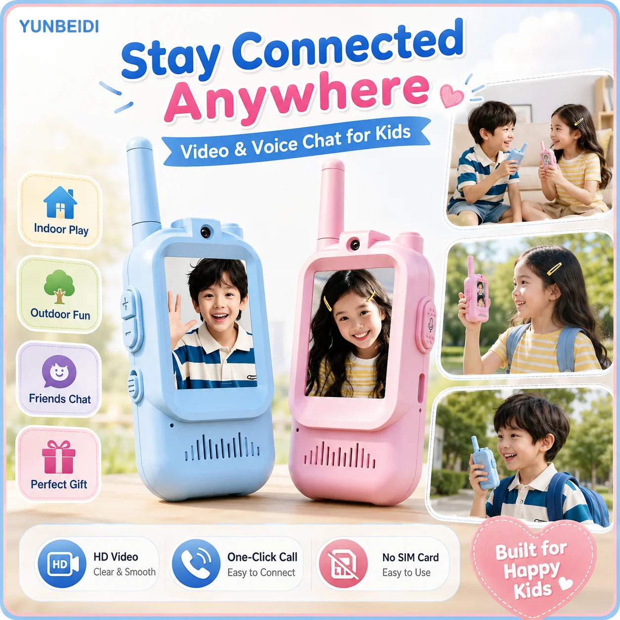 Walkie Talkies con Video para Niños – Pack 2 Unidades, Alcance 500m, Carga USB-C