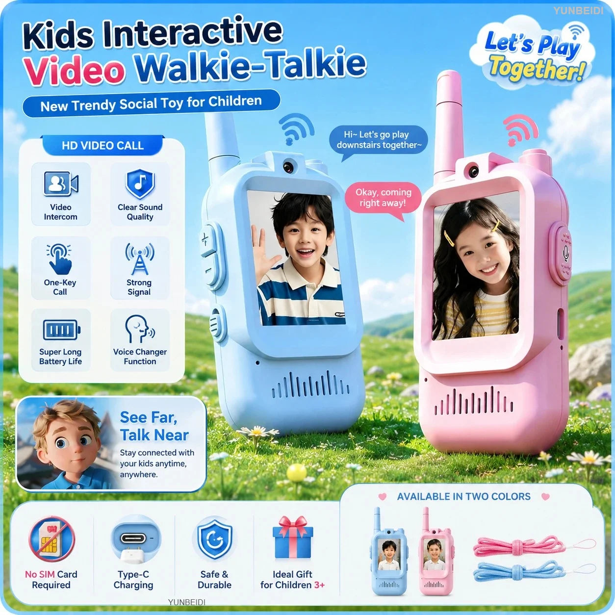 Walkie Talkies con Video para Niños – Pack 2 Unidades, Alcance 500m, Carga USB-C