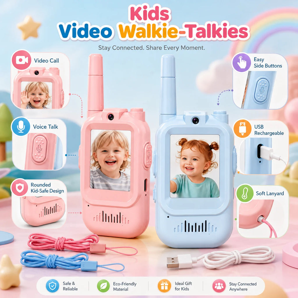 Walkie Talkies con Video para Niños – Pack 2 Unidades, Alcance 500m, Carga USB-C
