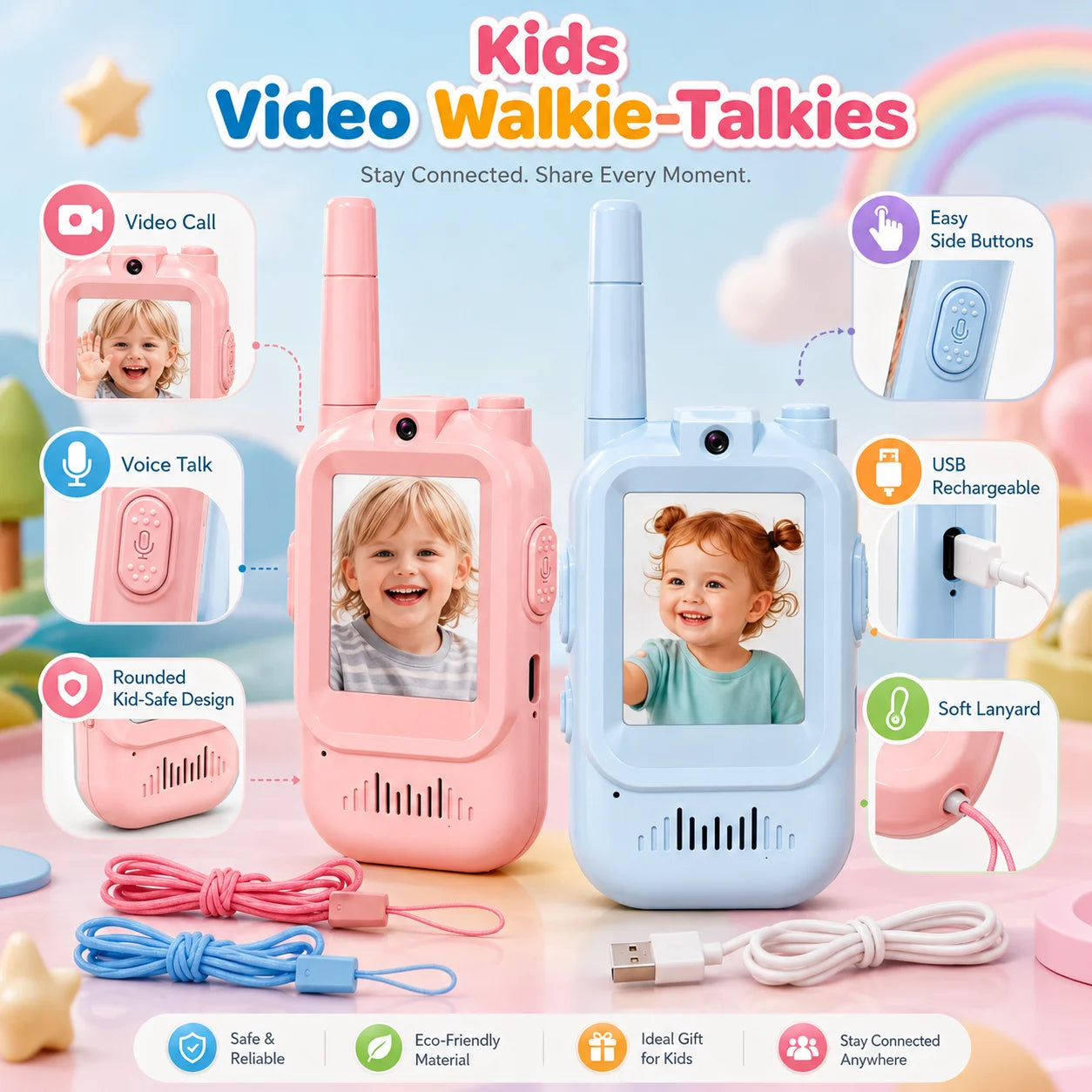 Walkie Talkies con Video para Niños – Pack 2 Unidades, Alcance 500m, Carga USB-C