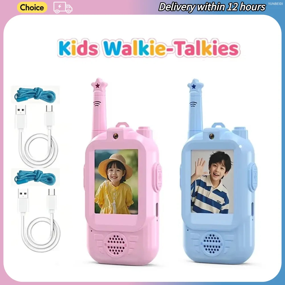 Walkie Talkies con Video para Niños – Pack 2 Unidades, Alcance 500m, Carga USB-C