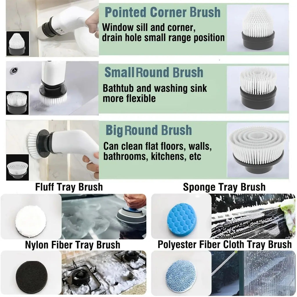 Electric Cleaning Brush:9-in-1 Head,Rotates Flexibly Multifunction Tool for Bathroom, Floors, Corner Gaps and Shower Room Glass.