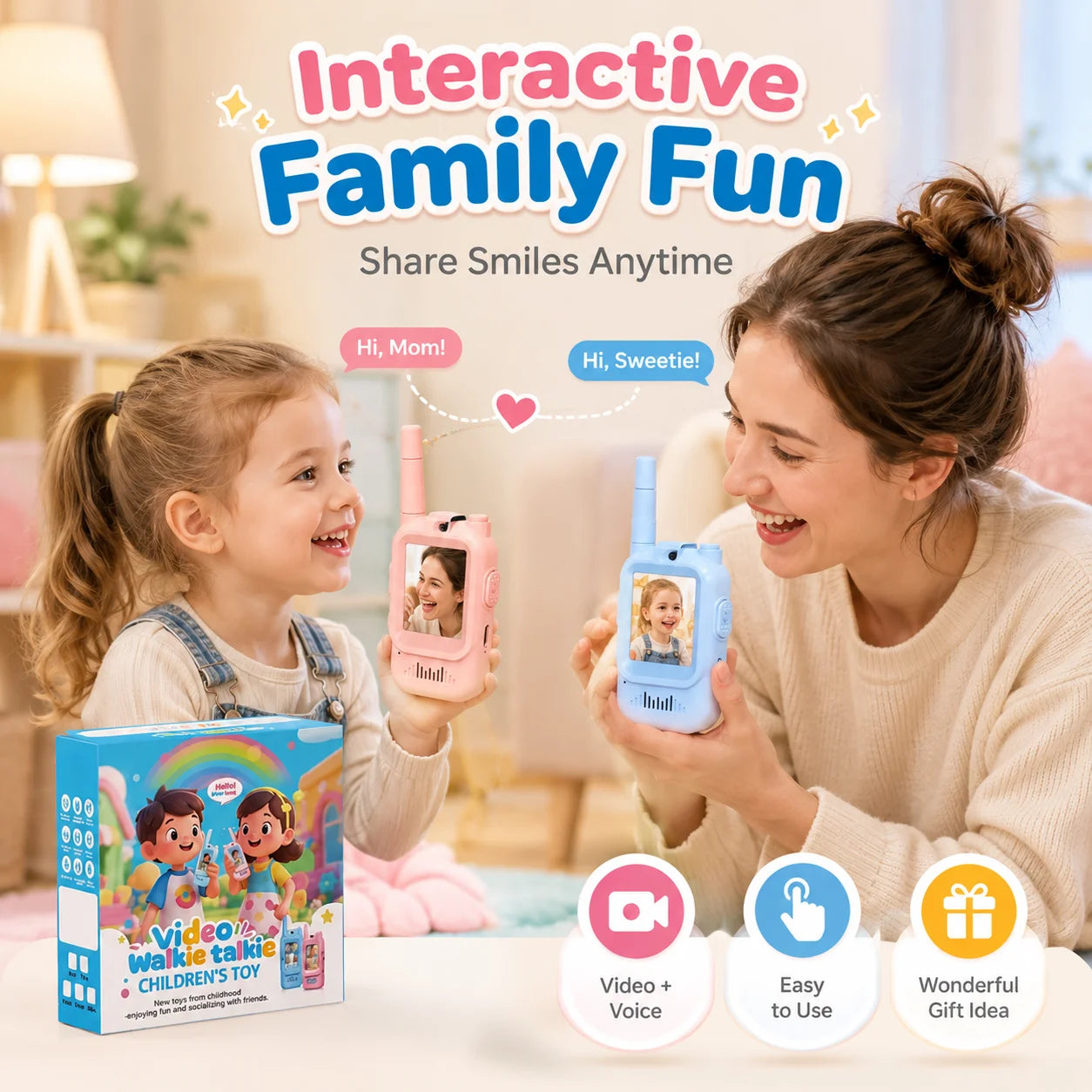 Walkie Talkies con Video para Niños – Pack 2 Unidades, Alcance 500m, Carga USB-C