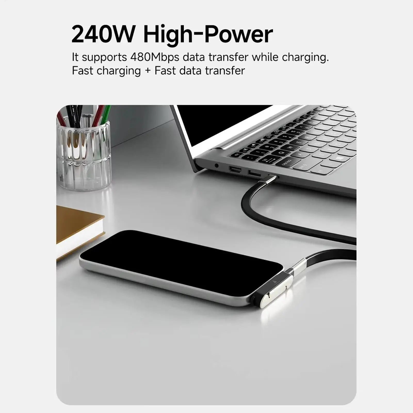 240W 2-in-1 Black/Orange Fast Charging Foldable Bracket Data Cable Type-C to Type-C Data Wire with Phone Tablet Stand