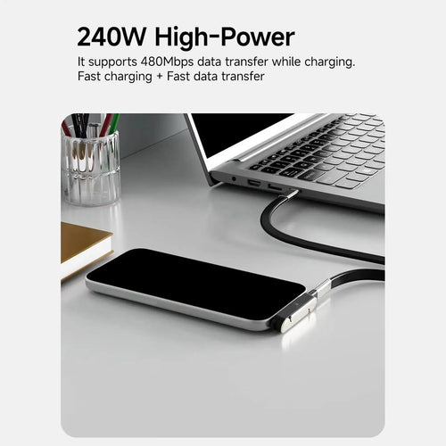240W 2-in-1 Black/Orange Fast Charging Foldable Bracket Data Cable Type-C to Type-C Data Wire with Phone Tablet Stand