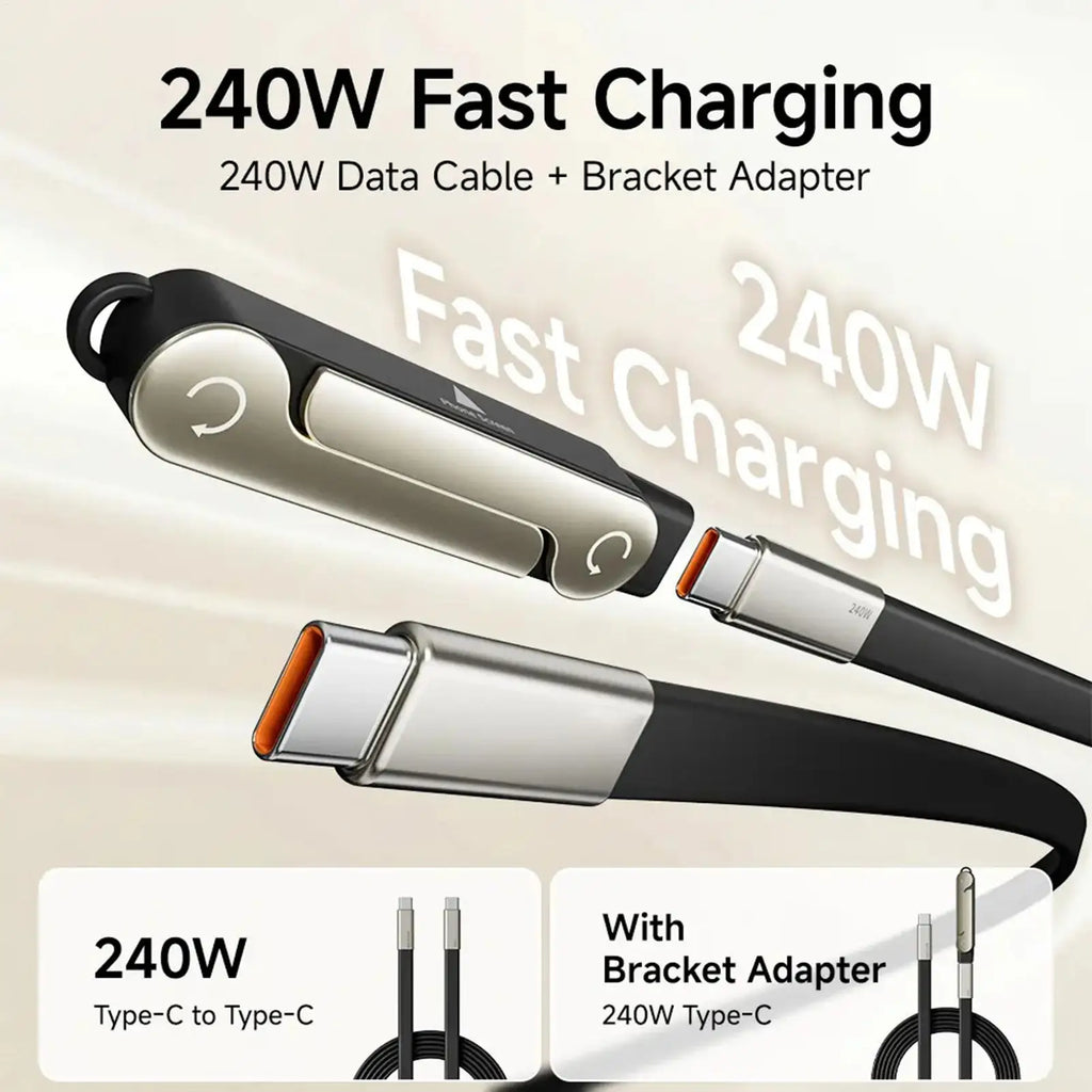 240W 2-in-1 Black/Orange Fast Charging Foldable Bracket Data Cable Type-C to Type-C Data Wire with Phone Tablet Stand