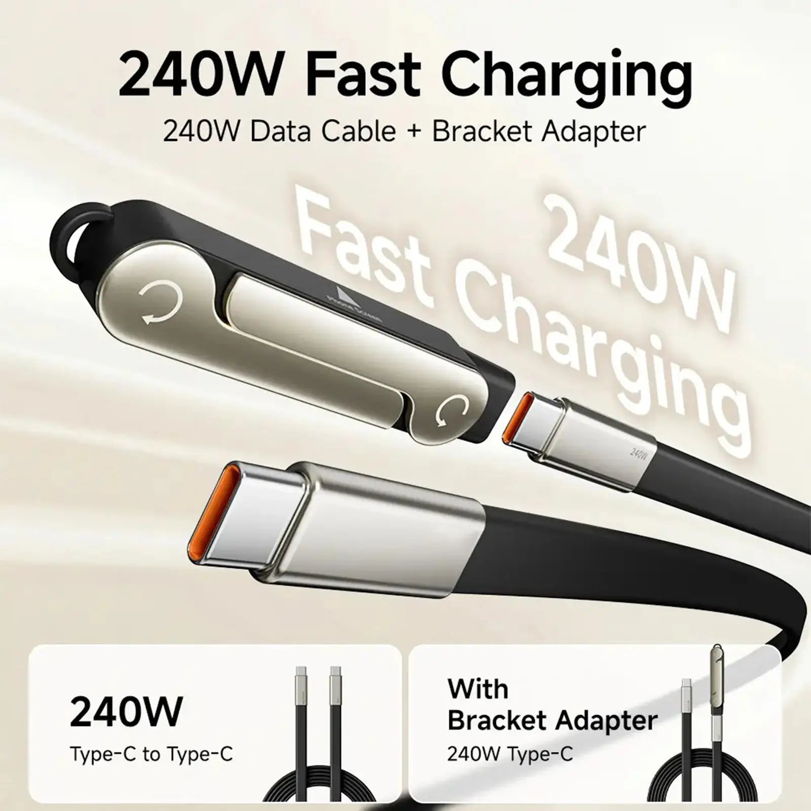 240W 2-in-1 Black/Orange Fast Charging Foldable Bracket Data Cable Type-C to Type-C Data Wire with Phone Tablet Stand